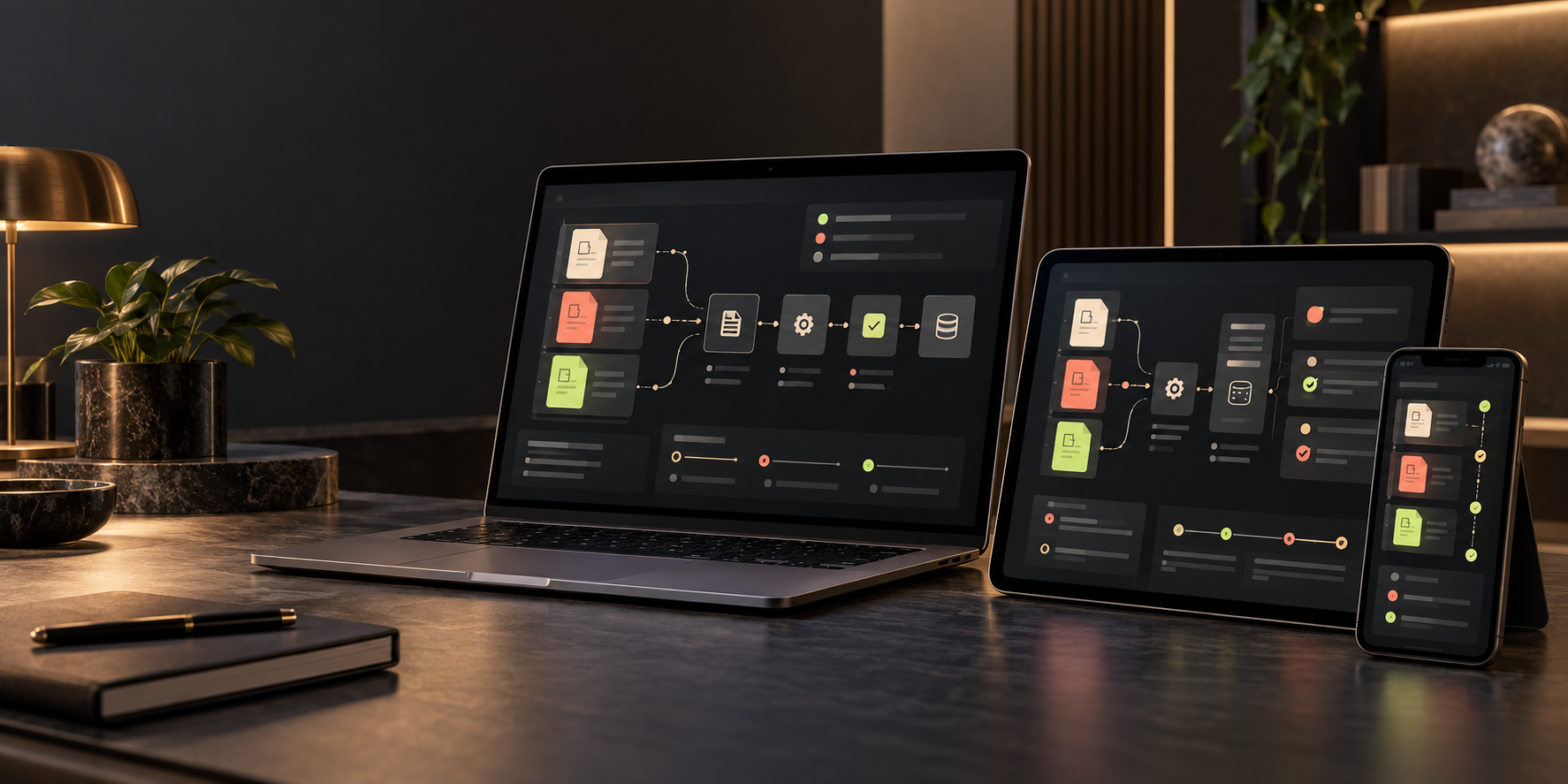 Conceptual laptop, tablet, and phone interfaces showing enterprise documents moving through an automated workflow